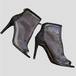 Jessica Simpson 4” bootie heels, glittery heel/trim, black mesh, evening ready!